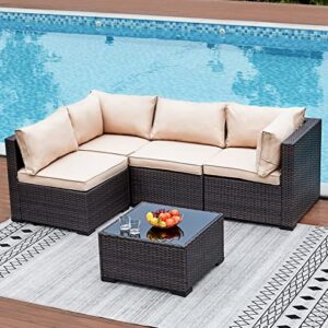 NATURAL EXPRESSIONS 5 Piece Wicker Patio Sectional Furniture Sets Outdoor Sofa Rattan Couch,All Weather Conversation Set with Tempered Glass Coffee Table and Cushions,Deck, Poolside,Backyard Porch