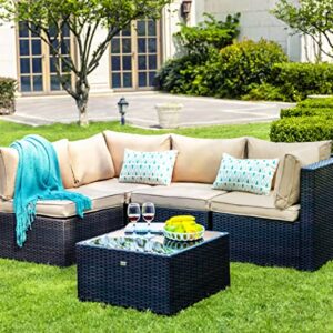 NATURAL EXPRESSIONS 5 Piece Wicker Patio Sectional Furniture Sets Outdoor Sofa Rattan Couch,All Weather Conversation Set with Tempered Glass Coffee Table and Cushions,Deck, Poolside,Backyard Porch