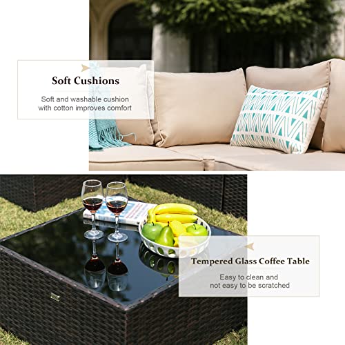 NATURAL EXPRESSIONS 5 Piece Wicker Patio Sectional Furniture Sets Outdoor Sofa Rattan Couch,All Weather Conversation Set with Tempered Glass Coffee Table and Cushions,Deck, Poolside,Backyard Porch