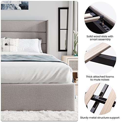 SHA CERLIN Full Size Lift Up Storage Bed/Modern Wingback Headboard/Upholstered Platform Bed Frame/Hydraulic Storage/No Box Spring Needed/Wood Slats Support/Light Beige