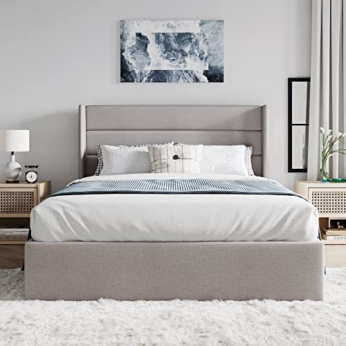 SHA CERLIN Full Size Lift Up Storage Bed/Modern Wingback Headboard/Upholstered Platform Bed Frame/Hydraulic Storage/No Box Spring Needed/Wood Slats Support/Light Beige