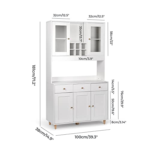 SMOOL 71" Traditional Freestanding Kitchen Pantry, Pantry Cabinet with 3 Drawers, Kitchen Cupboard with 5 Storage Cabinets, White