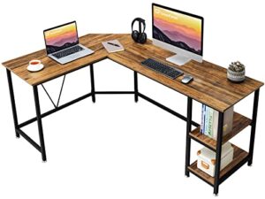 greenforest l shaped computer desk with storage shelves, 66 inch modern large corner gaming desk for home office pc workstation space saving space, walnut