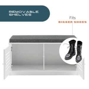 Sturdis Shoe Storage Bench White - Cushion Seat - Adjustable Shelves - Soft-Close Hinges - for Comfort & Style, Perfect for Entryway First Impression!