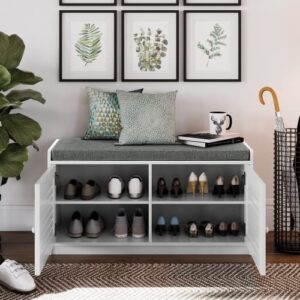 Sturdis Shoe Storage Bench White - Cushion Seat - Adjustable Shelves - Soft-Close Hinges - for Comfort & Style, Perfect for Entryway First Impression!