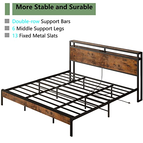 IRONCK King Size Bed Frame with Storage Headboard, Platform Bed with Charging Station, Solid and Stable, Noise Free, Easy Assembly