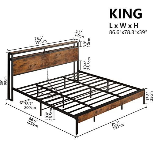 IRONCK King Size Bed Frame with Storage Headboard, Platform Bed with Charging Station, Solid and Stable, Noise Free, Easy Assembly