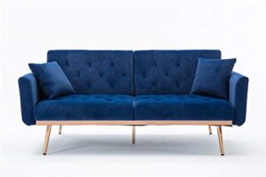 szlizccc 63″ accent sofa, mid century modern velvet fabric couch， convertible futon sofa bed ，recliner couch accent sofa loveseat sofa with gold metal feet (blue)