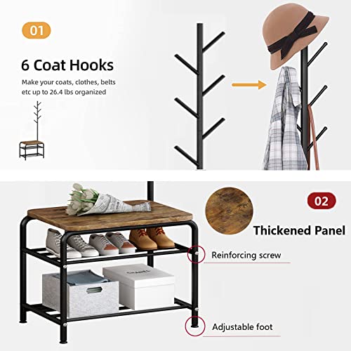 YIZAIJIA Coat Rack Shoe Bench 3 in 1 Multifunctional Industrial Style Coat Tree for Entryway Living Room Bedroom, Black