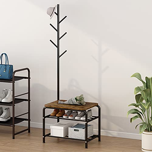 YIZAIJIA Coat Rack Shoe Bench 3 in 1 Multifunctional Industrial Style Coat Tree for Entryway Living Room Bedroom, Black