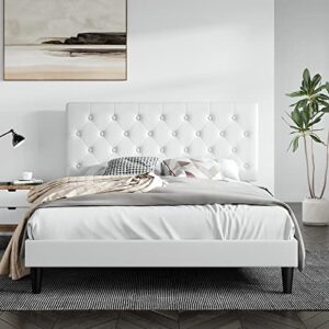 sha cerlin queen size bed frame with button tufted headboard, faux leather upholstered mattress foundation, platform bed frame, wooden slat support, no box spring needed, white