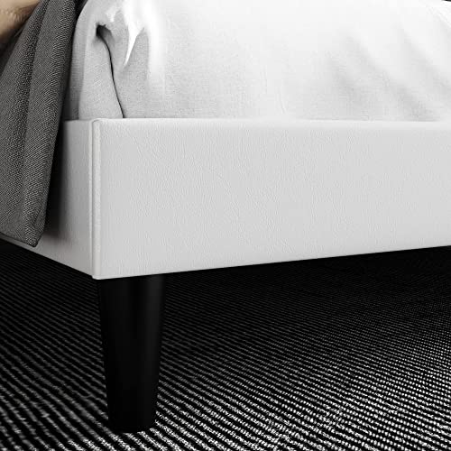 SHA CERLIN Queen Size Bed Frame with Button Tufted Headboard, Faux Leather Upholstered Mattress Foundation, Platform Bed Frame, Wooden Slat Support, No Box Spring Needed, White