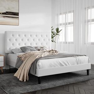 SHA CERLIN Queen Size Bed Frame with Button Tufted Headboard, Faux Leather Upholstered Mattress Foundation, Platform Bed Frame, Wooden Slat Support, No Box Spring Needed, White