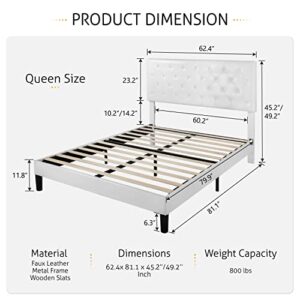 SHA CERLIN Queen Size Bed Frame with Button Tufted Headboard, Faux Leather Upholstered Mattress Foundation, Platform Bed Frame, Wooden Slat Support, No Box Spring Needed, White