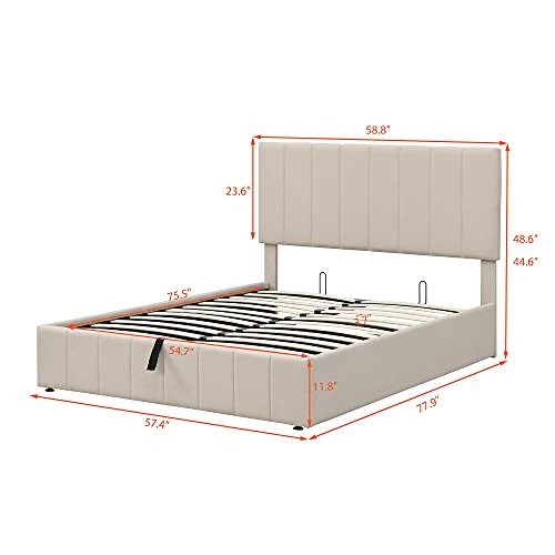 Upholstered Platform Bed with Gas Lift up Storage, Full Size Bed Frame with Storage Underneath and Tufted Headboard, Wooden Platform Bed with Hydraulic Storage System (New, Beige )