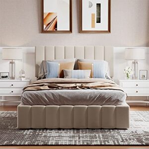 Upholstered Platform Bed with Gas Lift up Storage, Full Size Bed Frame with Storage Underneath and Tufted Headboard, Wooden Platform Bed with Hydraulic Storage System (New, Beige )