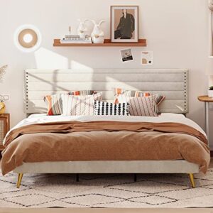 likimio king size bed frame, upholstered platform bed king with headboard heavy strong metal/wood supports, easy assembly, noise-free, no box spring needed, beige