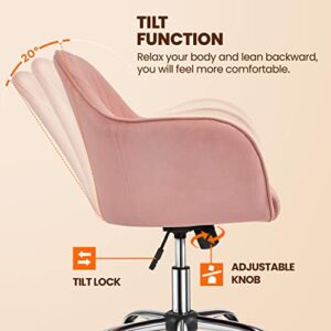 Yaheetech Velvet Office Desk Chair Height Adjustable Task Chairs Modern Office Chair Makeup Chair 360° Swivel Computer Chair Mid Back Chair Living Room Chairs with Arms&Stainless Base Accent Pink