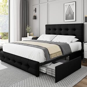 queen bed frame with 4 storage drawers and adjustable headboard, upholstered platform bed with button tufted design, strong wooden slats support, no box spring needed, black