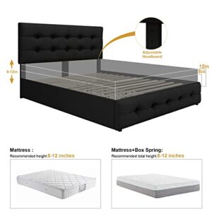 Queen Bed Frame with 4 Storage Drawers and Adjustable Headboard, Upholstered Platform Bed with Button Tufted Design, Strong Wooden Slats Support, No Box Spring Needed, Black