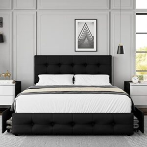 Queen Bed Frame with 4 Storage Drawers and Adjustable Headboard, Upholstered Platform Bed with Button Tufted Design, Strong Wooden Slats Support, No Box Spring Needed, Black