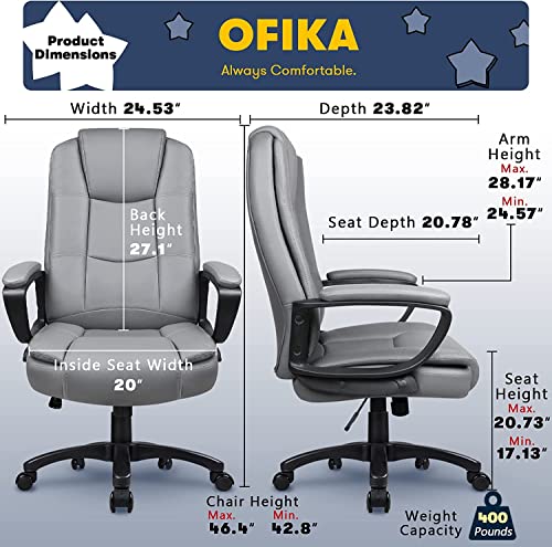 OFIKA Home Office Chair,400LBS Ergonomic Desk Chair, Adjustable Task Chair for Lumbar Back Support, Computer Chair with Rolling Swivel and Armrest, Modern Executive High Back Leather Chairs (Grey)