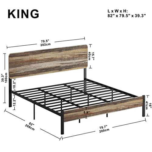 LIKIMIO King Bed Frame, Platform Bed Frame King with Headboard and Strong Steel Slat Support, Easy Assembly, No Box Spring Needed, Rustic Brown