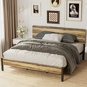 LIKIMIO King Bed Frame, Platform Bed Frame King with Headboard and Strong Steel Slat Support, Easy Assembly, No Box Spring Needed, Rustic Brown