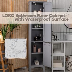 LOKO Tall Bathroom Floor Cabinet, Multifunctional Freestanding Storage Cabinet with Doors, Narrow Slim Linen Tower for Bathroom, Living Room or Kitchen, 14.5 x 14.5 x 63 inches (Grey)