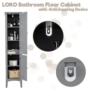 LOKO Tall Bathroom Floor Cabinet, Multifunctional Freestanding Storage Cabinet with Doors, Narrow Slim Linen Tower for Bathroom, Living Room or Kitchen, 14.5 x 14.5 x 63 inches (Grey)