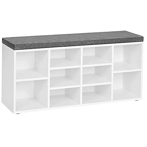 VASAGLE Shoe Bench, Storage Bench, Shoe Rack Bench, Shoe Shelf, Storage Cabinet, 10 Compartments, with Cushion, for Entryway, 11.8 x 40.9 x 18.9 Inches, White and Gray ULHS10WT