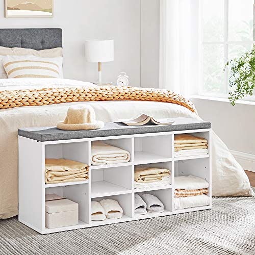 VASAGLE Shoe Bench, Storage Bench, Shoe Rack Bench, Shoe Shelf, Storage Cabinet, 10 Compartments, with Cushion, for Entryway, 11.8 x 40.9 x 18.9 Inches, White and Gray ULHS10WT