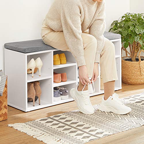 VASAGLE Shoe Bench, Storage Bench, Shoe Rack Bench, Shoe Shelf, Storage Cabinet, 10 Compartments, with Cushion, for Entryway, 11.8 x 40.9 x 18.9 Inches, White and Gray ULHS10WT