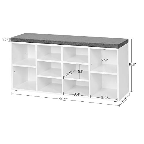 VASAGLE Shoe Bench, Storage Bench, Shoe Rack Bench, Shoe Shelf, Storage Cabinet, 10 Compartments, with Cushion, for Entryway, 11.8 x 40.9 x 18.9 Inches, White and Gray ULHS10WT