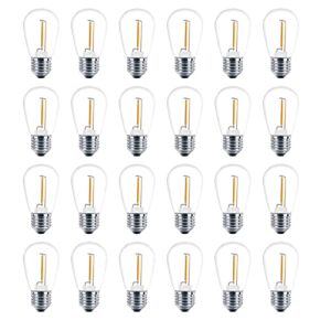 meconard 24 pack led s14 replacement light bulbs, shatterproof outdoor string light bulbs, 1 watt to replace 11watts incandescent bulb, e26 regular medium screw base, 2200k warm white, non-dimmable