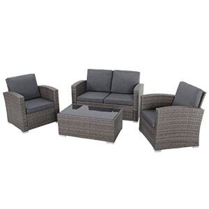 joivi patio furniture set, 4 piece outdoor patio conversation set, all-weather pe rattan wicker sectional patio sofa set with tempered glass coffee table, dark gray