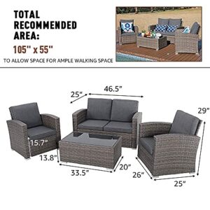 JOIVI Patio Furniture Set, 4 Piece Outdoor Patio Conversation Set, All-Weather PE Rattan Wicker Sectional Patio Sofa Set with Tempered Glass Coffee Table, Dark Gray