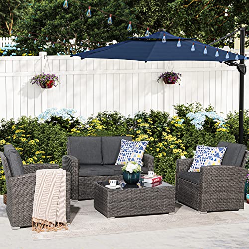 JOIVI Patio Furniture Set, 4 Piece Outdoor Patio Conversation Set, All-Weather PE Rattan Wicker Sectional Patio Sofa Set with Tempered Glass Coffee Table, Dark Gray