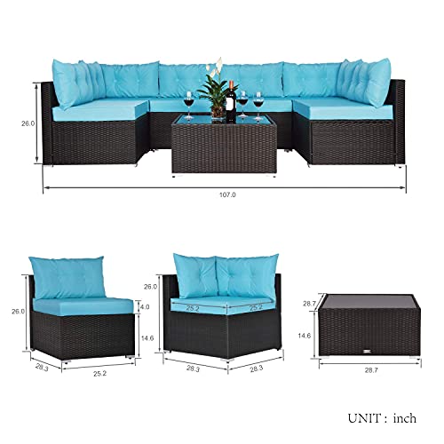 Einfach 7 Pieces Patio Furniture Sets, Rattan Conversation Sofa Chair with Glass Coffee Table, Outdoor & Indoor, Patio Furniture Sets(Blue)