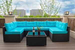einfach 7 pieces patio furniture sets, rattan conversation sofa chair with glass coffee table, outdoor & indoor, patio furniture sets(blue)