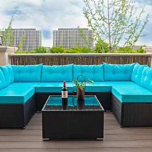 Einfach 7 Pieces Patio Furniture Sets, Rattan Conversation Sofa Chair with Glass Coffee Table, Outdoor & Indoor, Patio Furniture Sets(Blue)