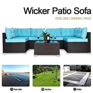 Einfach 7 Pieces Patio Furniture Sets, Rattan Conversation Sofa Chair with Glass Coffee Table, Outdoor & Indoor, Patio Furniture Sets(Blue)