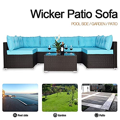 Einfach 7 Pieces Patio Furniture Sets, Rattan Conversation Sofa Chair with Glass Coffee Table, Outdoor & Indoor, Patio Furniture Sets(Blue)