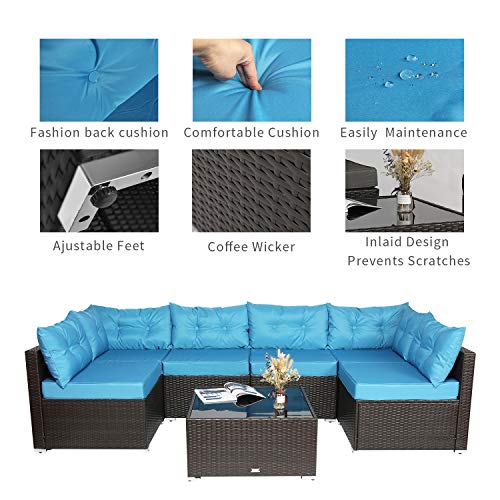 Einfach 7 Pieces Patio Furniture Sets, Rattan Conversation Sofa Chair with Glass Coffee Table, Outdoor & Indoor, Patio Furniture Sets(Blue)