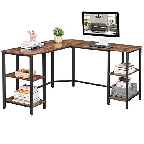 VASAGLE L-Shaped Computer Desk, Corner Desk with Storage for Home Office, 4 Shelves Writing Study Workstation, Industrial Style PC Laptop, Spacious Table Top, Rustic Brown and Black ULWD76X