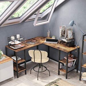 VASAGLE L-Shaped Computer Desk, Corner Desk with Storage for Home Office, 4 Shelves Writing Study Workstation, Industrial Style PC Laptop, Spacious Table Top, Rustic Brown and Black ULWD76X