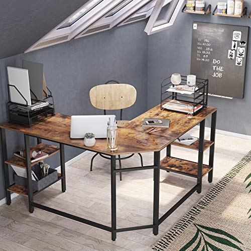 VASAGLE L-Shaped Computer Desk, Corner Desk with Storage for Home Office, 4 Shelves Writing Study Workstation, Industrial Style PC Laptop, Spacious Table Top, Rustic Brown and Black ULWD76X