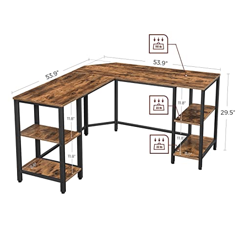 VASAGLE L-Shaped Computer Desk, Corner Desk with Storage for Home Office, 4 Shelves Writing Study Workstation, Industrial Style PC Laptop, Spacious Table Top, Rustic Brown and Black ULWD76X