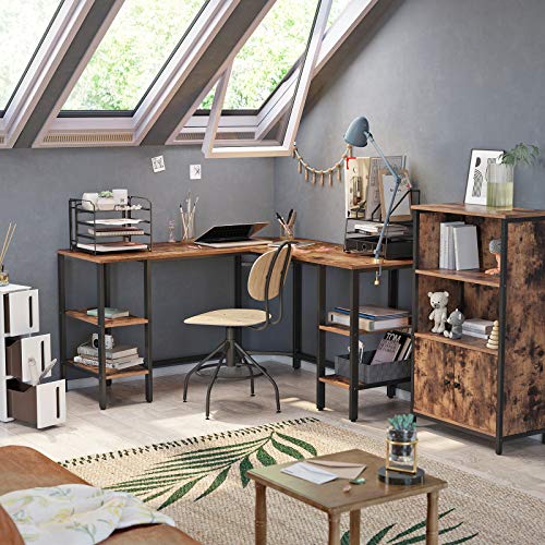 VASAGLE L-Shaped Computer Desk, Corner Desk with Storage for Home Office, 4 Shelves Writing Study Workstation, Industrial Style PC Laptop, Spacious Table Top, Rustic Brown and Black ULWD76X