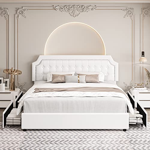 Queen Bed Frame with Storage and Adjustable Headboard, Bed Frame with 4 Drawers and Wooden Slats Support, No Box Spring Needed, Noise-Free, Pu, White